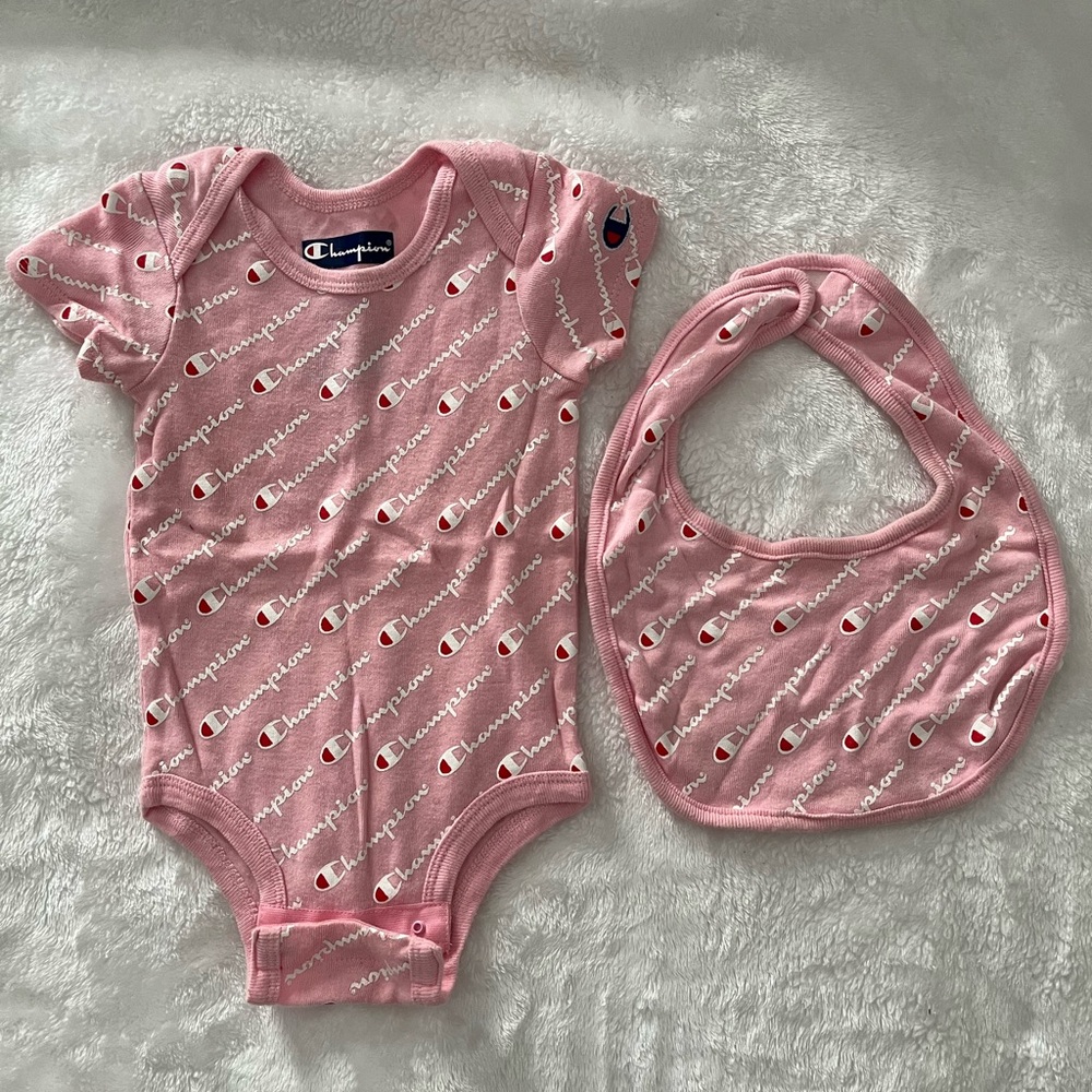 Champion Pink Baby Bodysuit and Bib Set